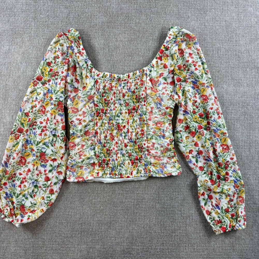 Almost Famous Women Floral Mesh Ruched Crop Top Long Sleeve Smocked Back M Y2K - Picture 7 of 8